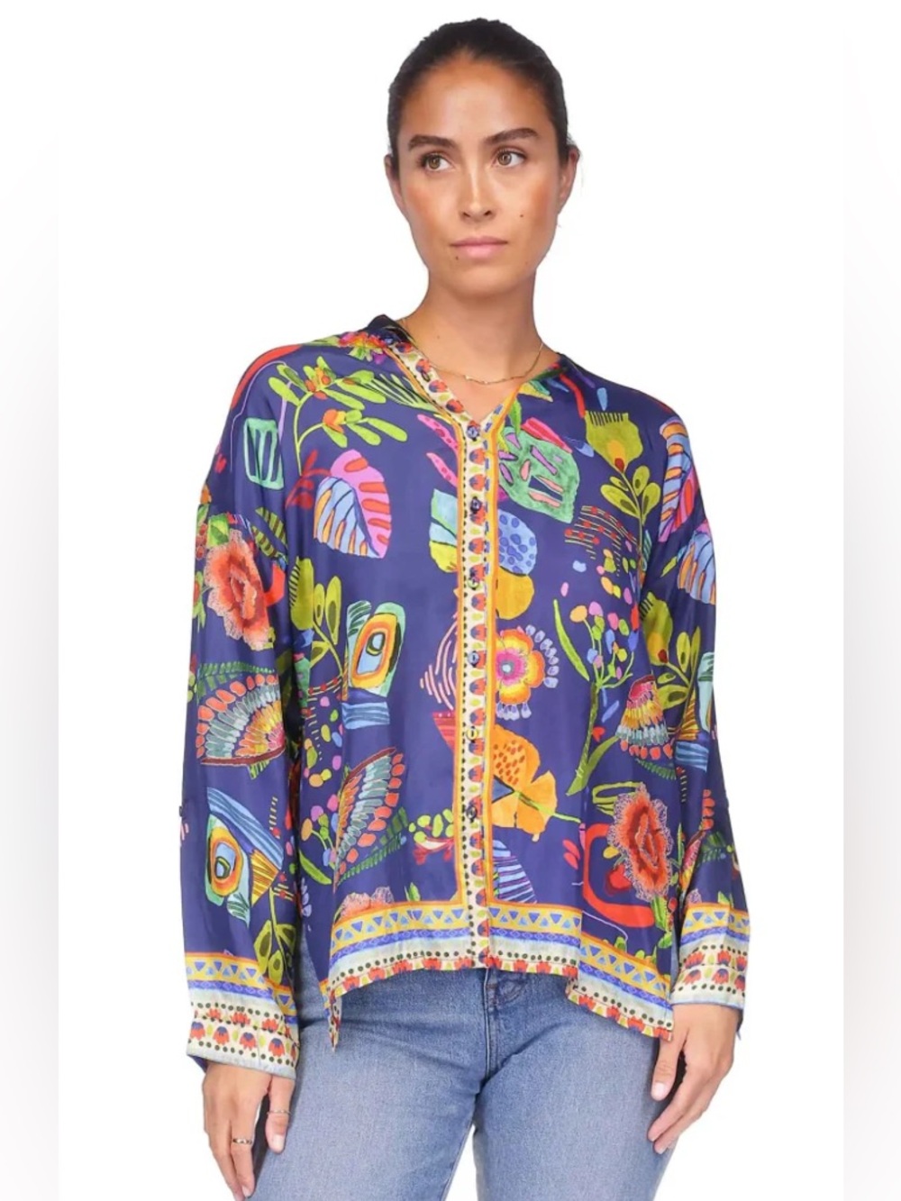 Johnny Was The Audrey Oversized boxy colorful Silk button down Shirt blouse L
